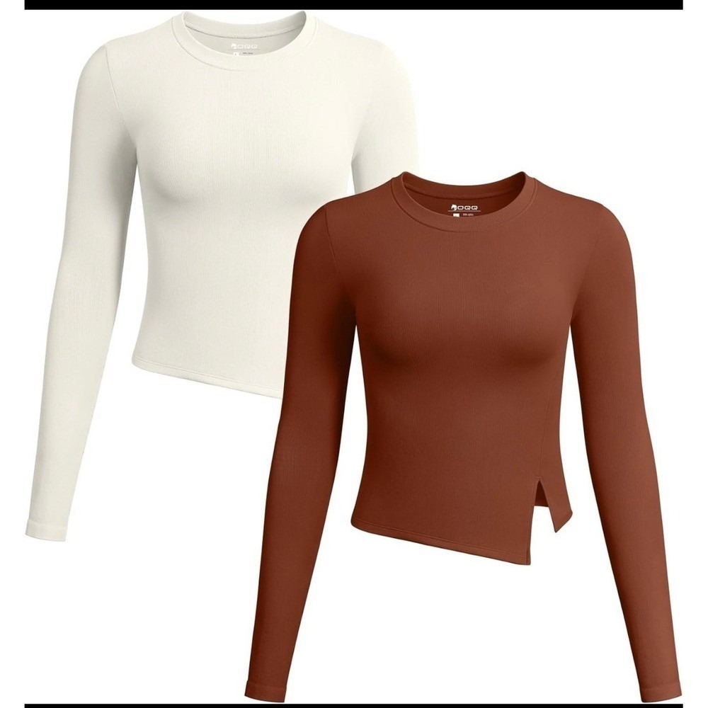 OQQ Womens 2pc Shirts Long Sleeve Crew Neck Stretch Fitted Underscrubs Split Tee